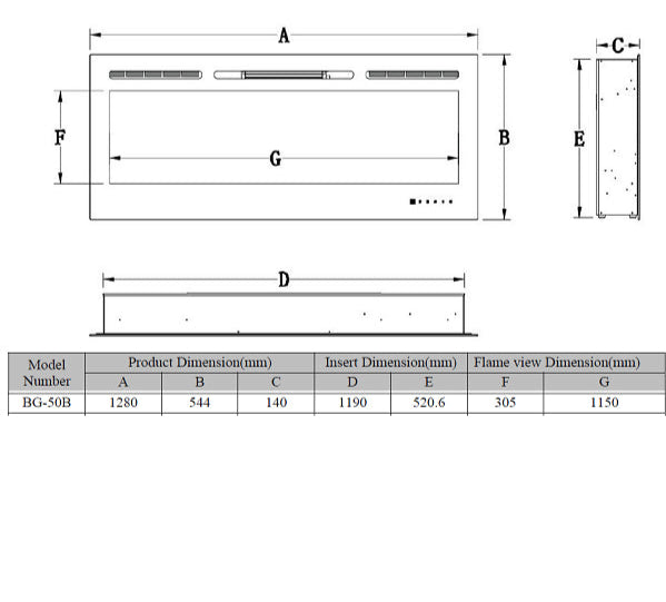 Alchemy Fireplaces 50” Wall Mounted Electric Fireplace with Black Glass, Dual Heat Settings & LED Flame Effects