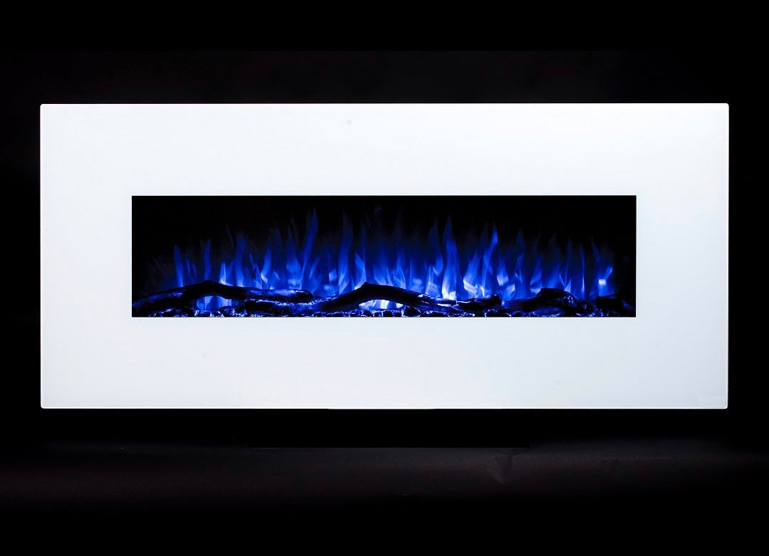 Alchemy Fireplaces 50” Wall Mounted Electric Fireplace with White Glass, 10 LED Flame Colours & Ambient Side Lights