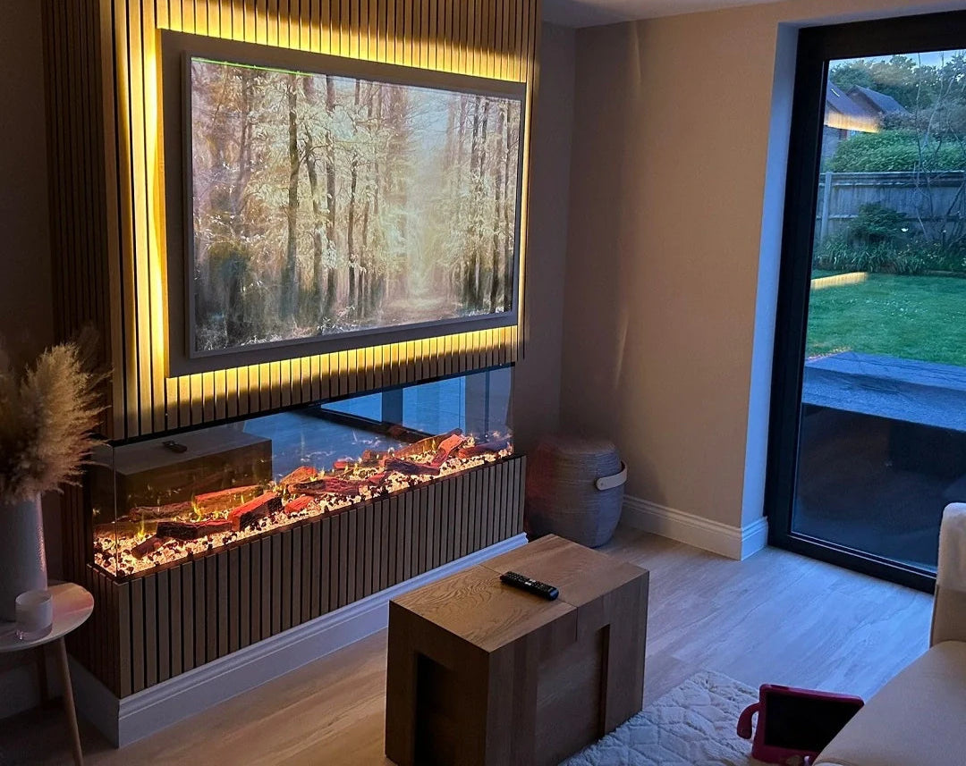 Alchemy Fireplaces 72” Black Glass Electric Fireplace - WiFi & Remote control, Dual Heat Settings, Modern Multi-Sided Wall Mount