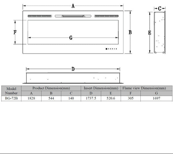 Alchemy Fireplaces 72" Wall Electric Fireplace – Black Glass, Remote Control, Log & Crystal Effects