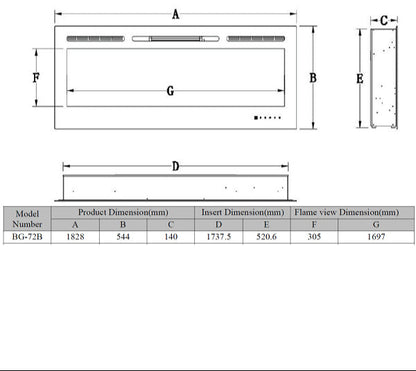 Alchemy Fireplaces 72" Wall Electric Fireplace – Black Glass, Remote Control, Log & Crystal Effects