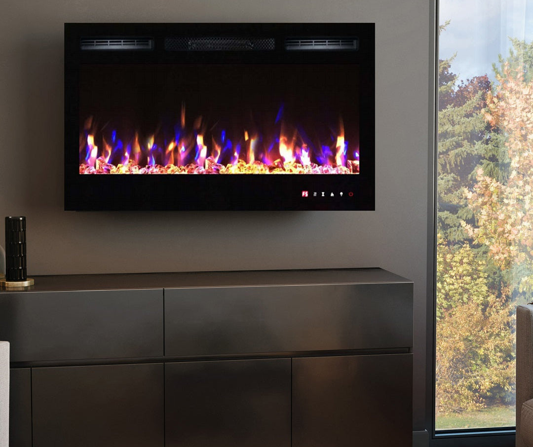 Alchemy Fireplaces 36” Wall Mounted Electric Fireplace – Black Glass, LED Flame, Remote & Timer