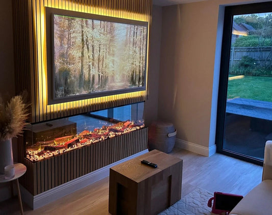 Alchemy Fireplaces 80" Wall Mounted Electric Fireplace – Black Glass, WiFi, Remote, 6 Flame Colours, 3-Sided Design