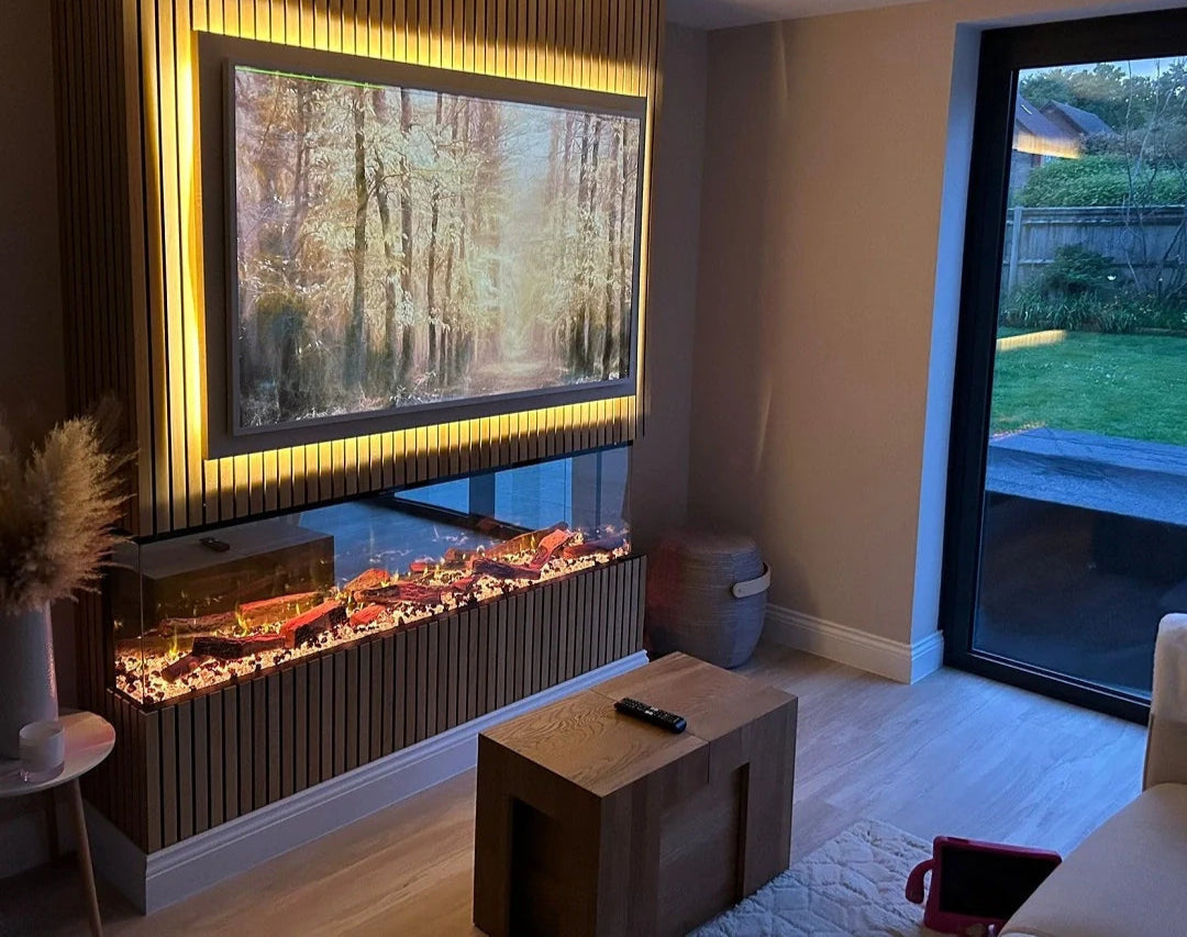 Alchemy Fireplaces 40" Wall Mounted Electric Fireplace – Black Glass, WiFi, Remote, 6 Flame Colours, 3-Sided Design