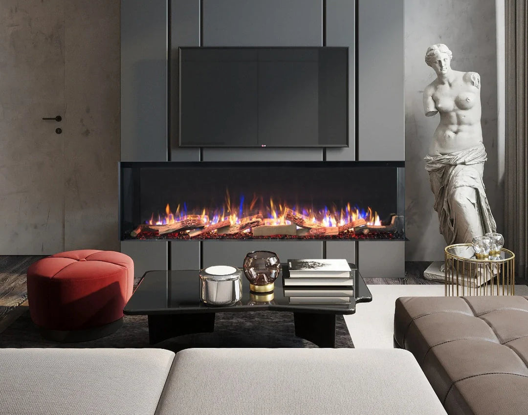 Alchemy Fireplaces 80" Wall Mounted Electric Fireplace – Black Glass, WiFi, Remote, 6 Flame Colours, 3-Sided Design