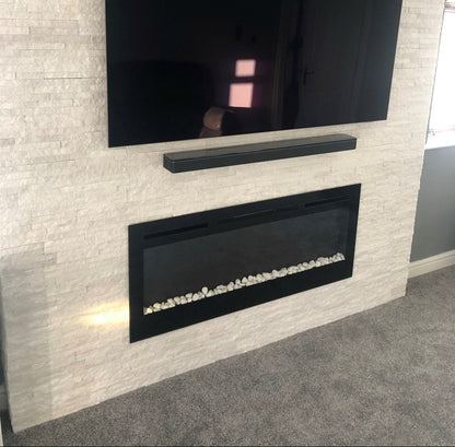 Alchemy Fireplaces 50” Wall Mounted Electric Fireplace with Black Glass, Dual Heat Settings & LED Flame Effects