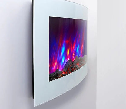 Alchemy Fireplaces 35" Wall Mounted Curved Electric Fireplace – White Glass, 7 LED Flame Colours, Log Effect, Remote & Thermostat