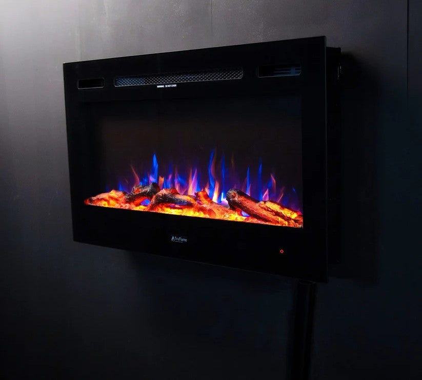 Alchemy Fireplaces 36” Wall Mounted Electric Fireplace – Black Glass, LED Flame, Remote & Timer