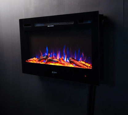 Alchemy Fireplaces 36” Wall Mounted Electric Fireplace – Black Glass, LED Flame, Remote & Timer