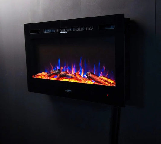 Alchemy Fireplaces 36” Wall Mounted Electric Fireplace – Black Glass, LED Flame, Remote & Timer