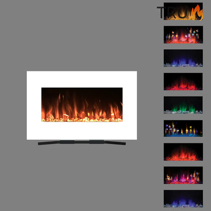 Alchemy Fireplaces 35.5” Wall Mounted Electric Fireplace – White Glass, 10 LED Flame Colours, Remote, Logs