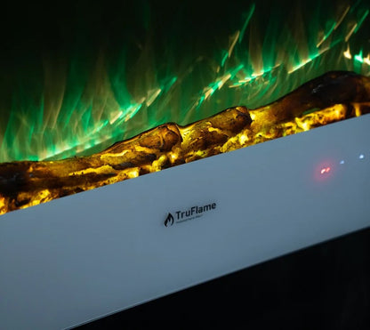 Alchemy Fireplaces 35.5” Wall Mounted Electric Fireplace – White Glass, 10 LED Flame Colours, Remote, Logs