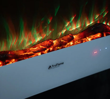 Alchemy Fireplaces 35.5” Wall Mounted Electric Fireplace – White Glass, 10 LED Flame Colours, Remote, Logs