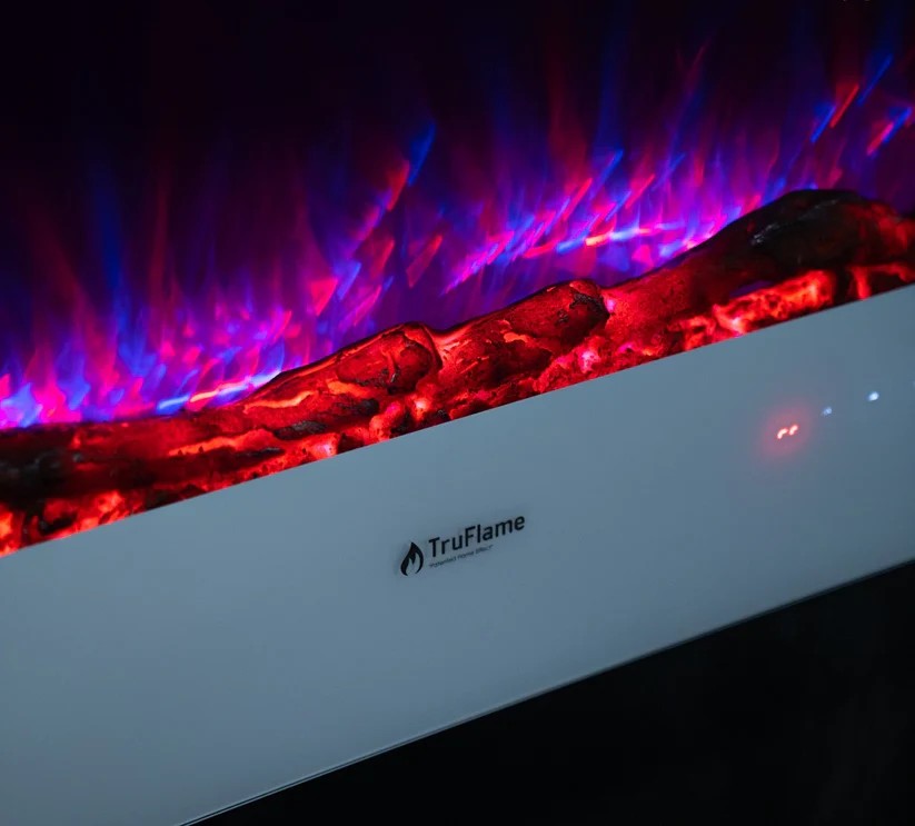 Alchemy Fireplaces 35.5” Wall Mounted Electric Fireplace – White Glass, 10 LED Flame Colours, Remote, Logs