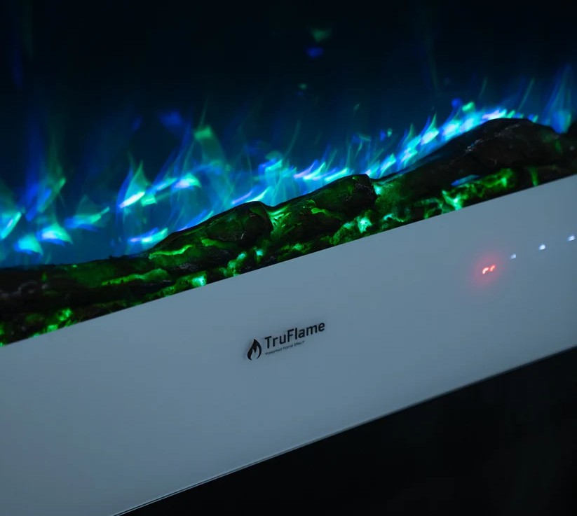 Alchemy Fireplaces 35.5” Wall Mounted Electric Fireplace – White Glass, 10 LED Flame Colours, Remote, Logs