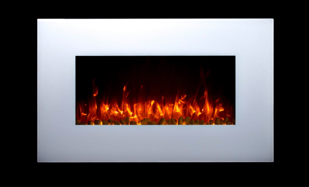 Alchemy Fireplaces 35.5” Wall Mounted Electric Fireplace – White Glass, 10 LED Flame Colours, Remote, Logs
