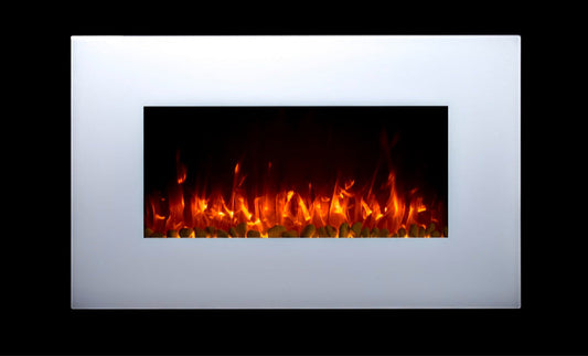 Alchemy Fireplaces 35.5” Wall Mounted Electric Fireplace – White Glass, 10 LED Flame Colours, Remote, Logs
