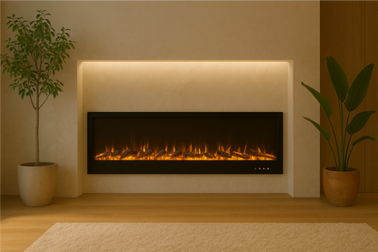 Alchemy Fireplaces 72" Wall Electric Fireplace – Black Glass, Remote Control, Log & Crystal Effects