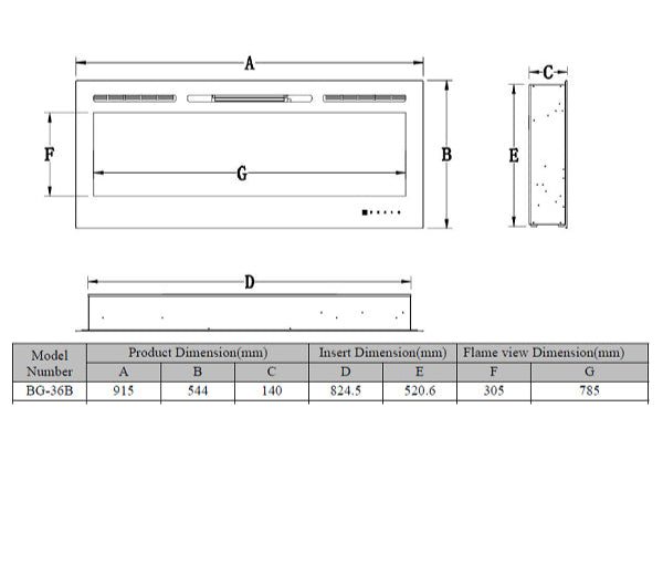 Alchemy Fireplaces 36” Wall Mounted Electric Fireplace – Black Glass, LED Flame, Remote & Timer
