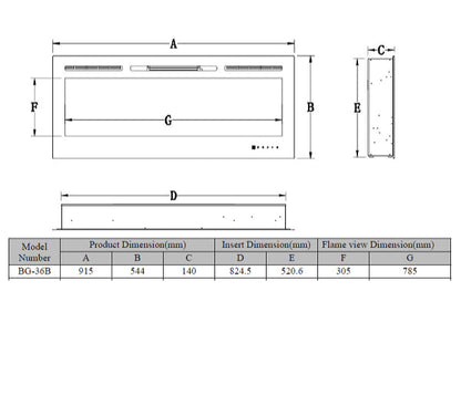 Alchemy Fireplaces 36” Wall Mounted Electric Fireplace – Black Glass, LED Flame, Remote & Timer