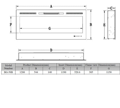 Alchemy Fireplaces 50” Wall Mounted Electric Fireplace with Black Glass, Dual Heat Settings & LED Flame Effects