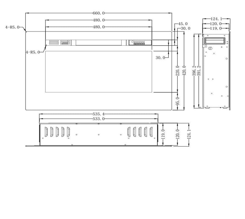 Alchemy Fireplaces 26” Wall Mounted Electric Fireplace – Black Glass, Remote Control, 3 Flame Colours, Logs & Crystals
