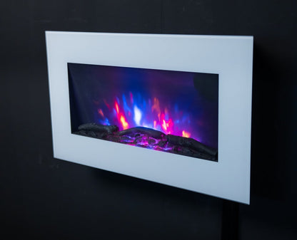 Alchemy Fireplaces 28.5" Wall Mounted Electric Fireplace – White Glass, 7 LED Flame Colours, Pebble & Log, Remote & Thermostat