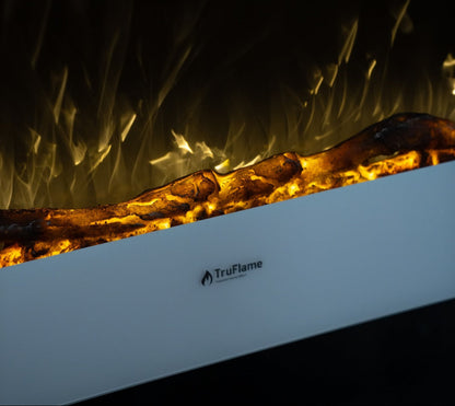 Alchemy Fireplaces 35.5” Wall Mounted Electric Fireplace – White Glass, 10 LED Flame Colours, Remote, Logs