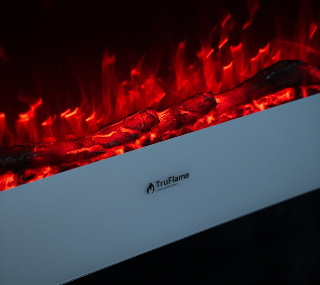 Alchemy Fireplaces 35.5” Wall Mounted Electric Fireplace – White Glass, 10 LED Flame Colours, Remote, Logs