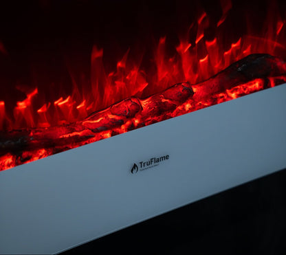 Alchemy Fireplaces 35.5” Wall Mounted Electric Fireplace – White Glass, 10 LED Flame Colours, Remote, Logs