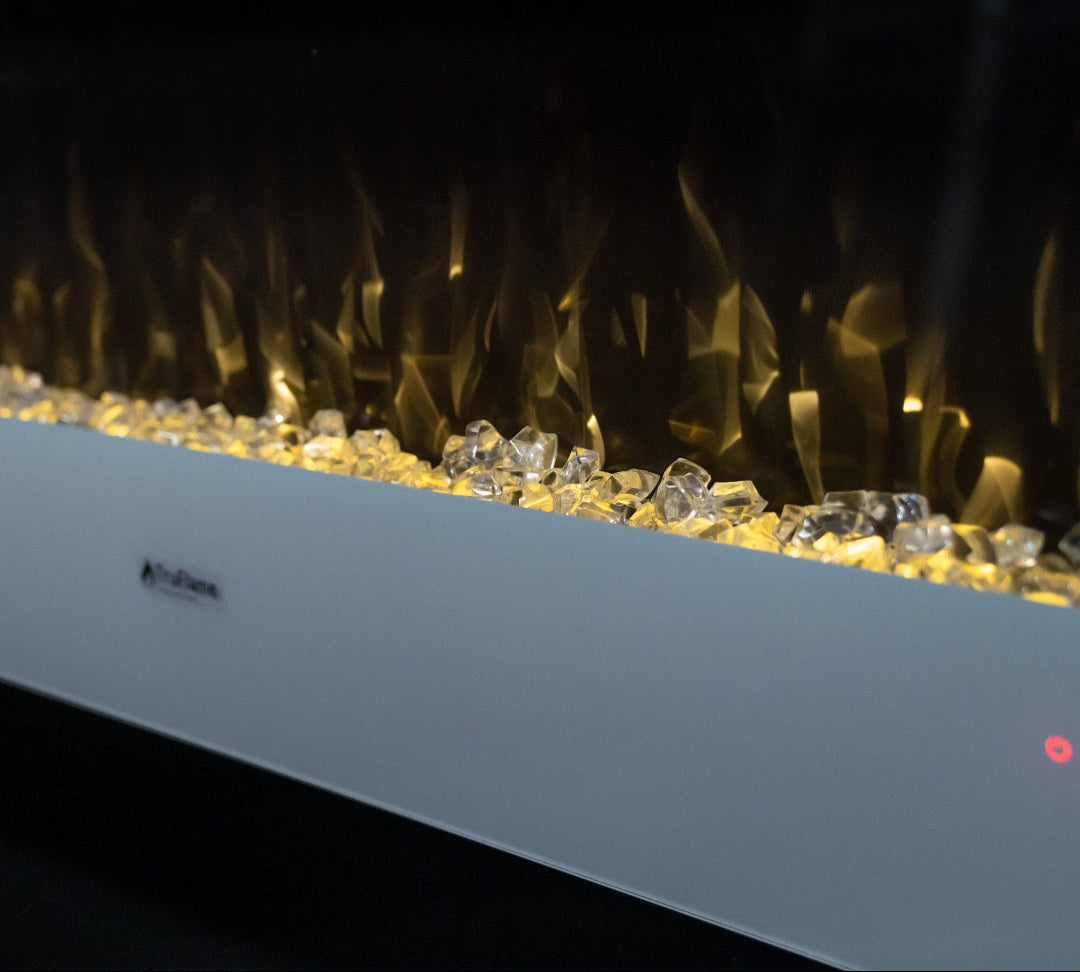 Alchemy Fireplaces 50” Wall Mounted Electric Fireplace with White Glass, 10 LED Flame Colours & Ambient Side Lights