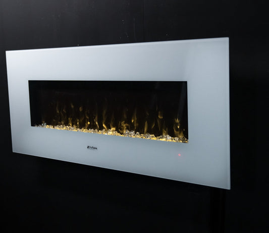 Alchemy Fireplaces 50” Wall Mounted Electric Fireplace with White Glass, 10 LED Flame Colours & Ambient Side Lights