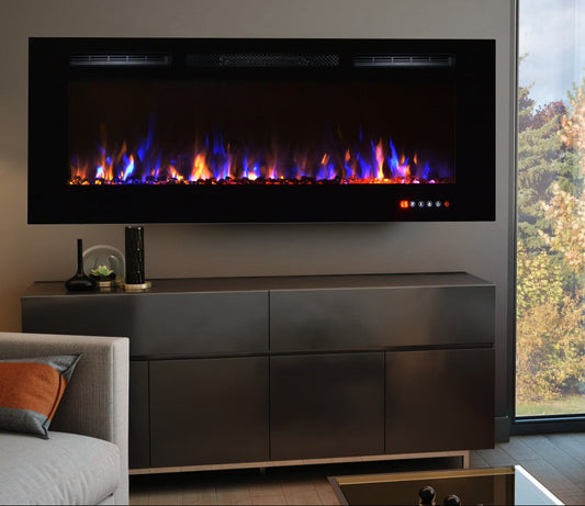 Alchemy Fireplaces 50” Wall Mounted Electric Fireplace with Black Glass, Dual Heat Settings & LED Flame Effects