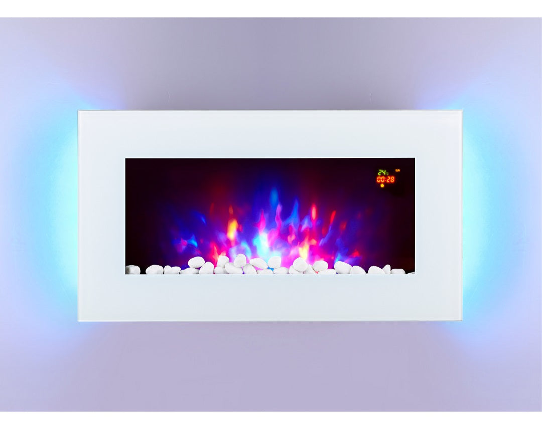 Alchemy Fireplaces 28.5" Wall Mounted Electric Fireplace – White Glass, 7 LED Flame Colours, Pebble & Log, Remote & Thermostat