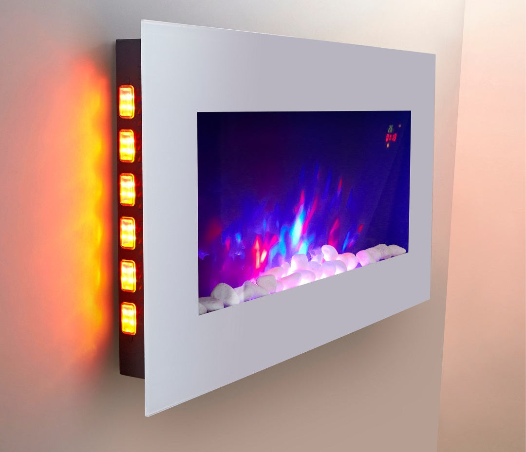 Alchemy Fireplaces 28.5" Wall Mounted Electric Fireplace – White Glass, 7 LED Flame Colours, Pebble & Log, Remote & Thermostat