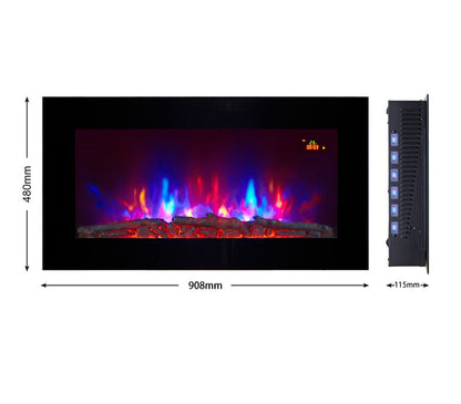 Alchemy Fireplaces 36" Wall Mounted Electric Fireplace – Black Glass, 7 Flame Colours, Remote, Thermostat & Timer