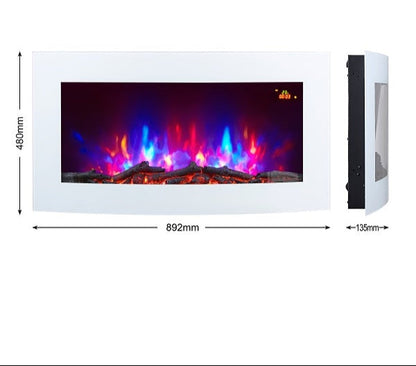 Alchemy Fireplaces 35" Wall Mounted Curved Electric Fireplace – White Glass, 7 LED Flame Colours, Log Effect, Remote & Thermostat