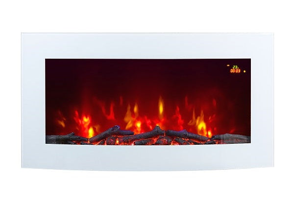 Alchemy Fireplaces 35" Wall Mounted Curved Electric Fireplace – White Glass, 7 LED Flame Colours, Log Effect, Remote & Thermostat