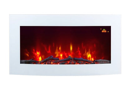 Alchemy Fireplaces 35" Wall Mounted Curved Electric Fireplace – White Glass, 7 LED Flame Colours, Log Effect, Remote & Thermostat