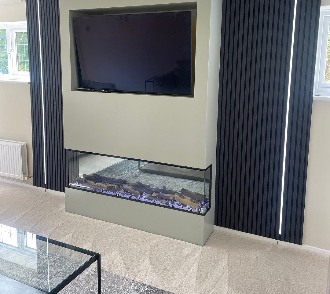 Alchemy Fireplaces 72” Black Glass Electric Fireplace - WiFi & Remote control, Dual Heat Settings, Modern Multi-Sided Wall Mount