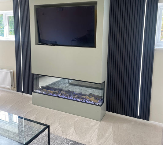 Alchemy Fireplaces 72” Black Glass Electric Fireplace - WiFi & Remote control, Dual Heat Settings, Modern Multi-Sided Wall Mount