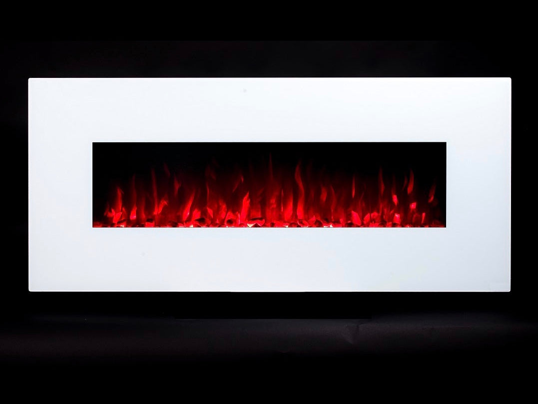 Alchemy Fireplaces 50” Wall Mounted Electric Fireplace with White Glass, 10 LED Flame Colours & Ambient Side Lights