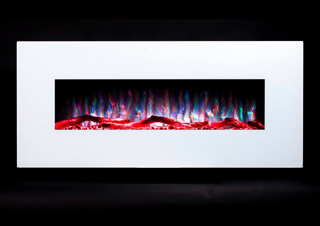 Alchemy Fireplaces 50” Wall Mounted Electric Fireplace with White Glass, 10 LED Flame Colours & Ambient Side Lights
