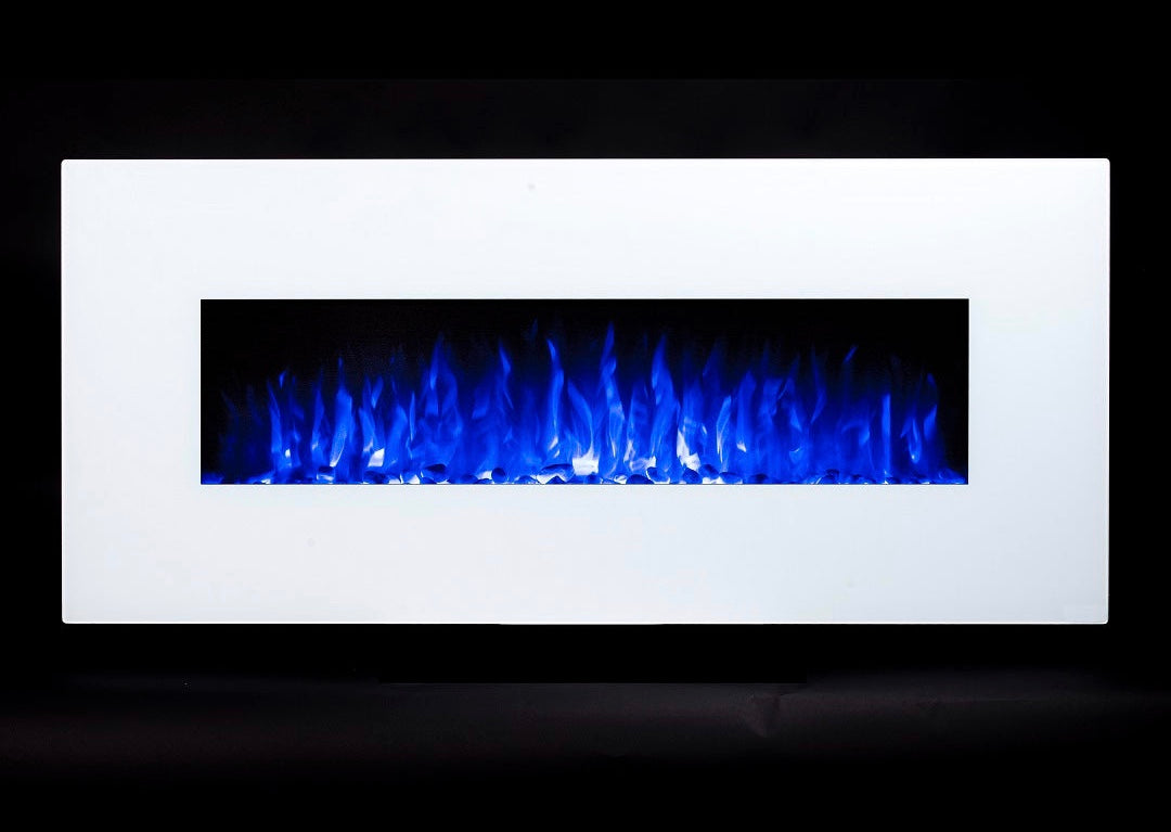 Alchemy Fireplaces 50” Wall Mounted Electric Fireplace with White Glass, 10 LED Flame Colours & Ambient Side Lights