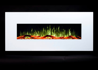 Alchemy Fireplaces 50” Wall Mounted Electric Fireplace with White Glass, 10 LED Flame Colours & Ambient Side Lights