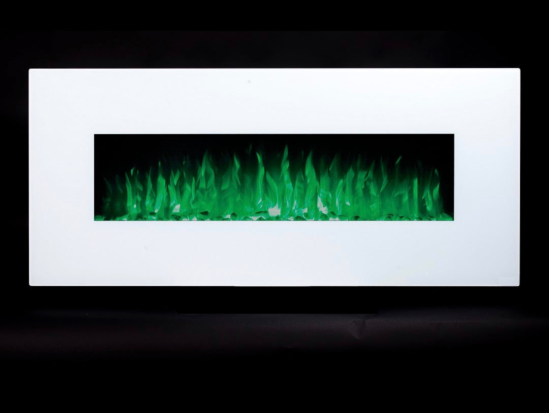Alchemy Fireplaces 50” Wall Mounted Electric Fireplace with White Glass, 10 LED Flame Colours & Ambient Side Lights