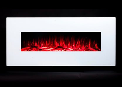Alchemy Fireplaces 50” Wall Mounted Electric Fireplace with White Glass, 10 LED Flame Colours & Ambient Side Lights
