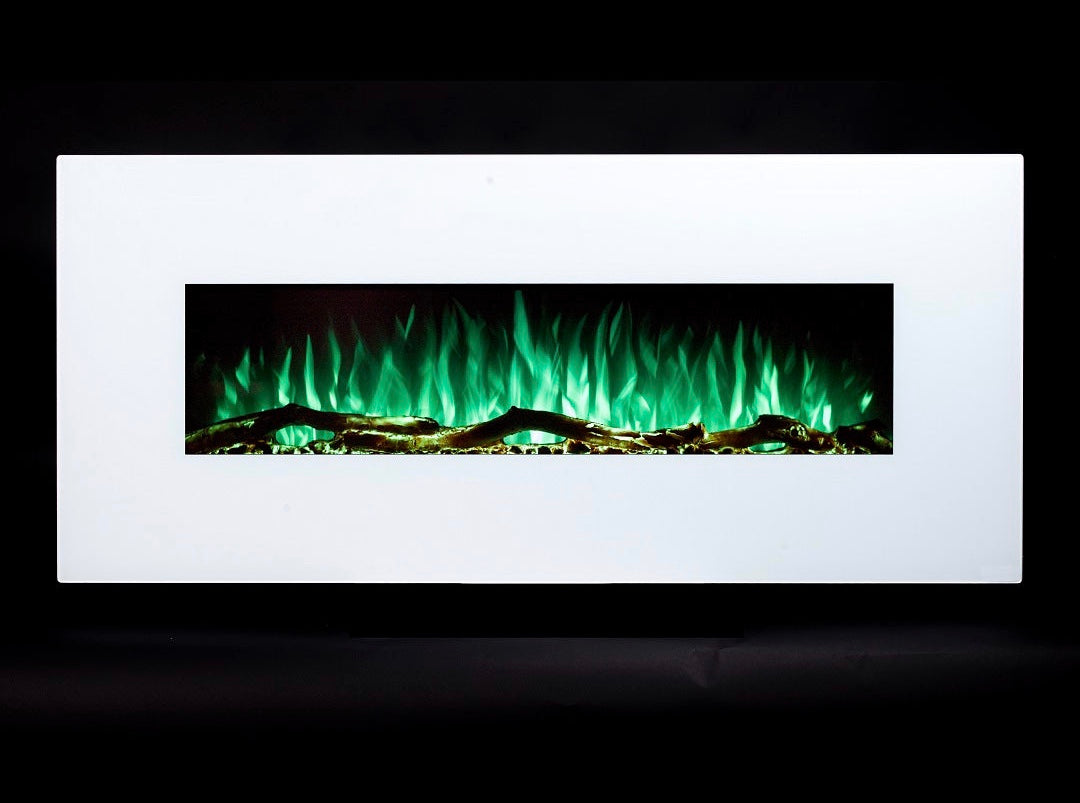 Alchemy Fireplaces 50” Wall Mounted Electric Fireplace with White Glass, 10 LED Flame Colours & Ambient Side Lights