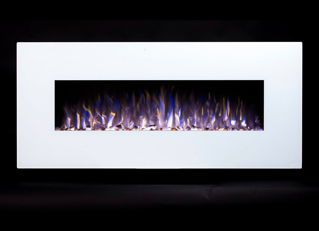 Alchemy Fireplaces 50” Wall Mounted Electric Fireplace with White Glass, 10 LED Flame Colours & Ambient Side Lights
