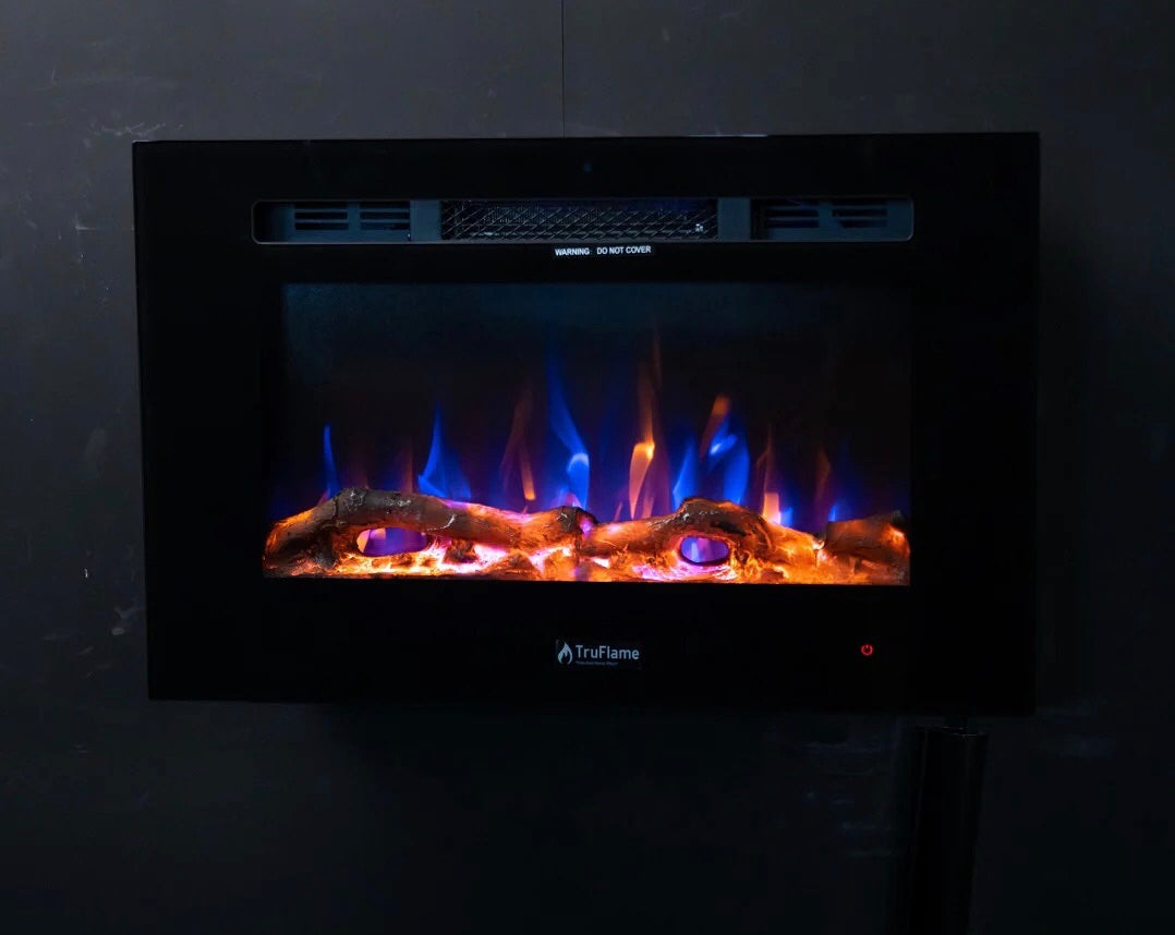 Alchemy Fireplaces 26” Wall Mounted Electric Fireplace – Black Glass, Remote Control, 3 Flame Colours, Logs & Crystals